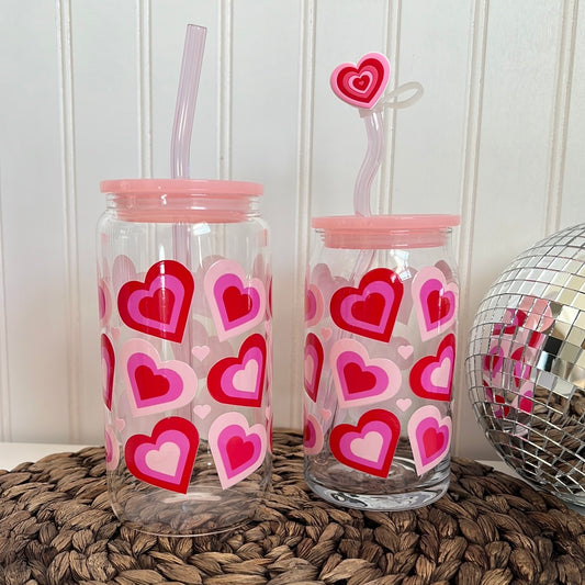 Heart 16oz Glass Can Cup with Pink Lid