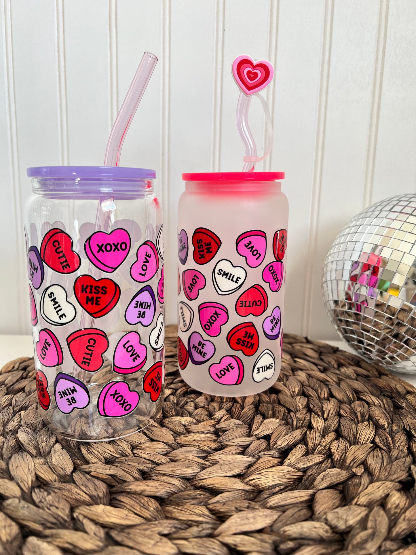 Candy Heart 16oz Glass Can Cup with Lid