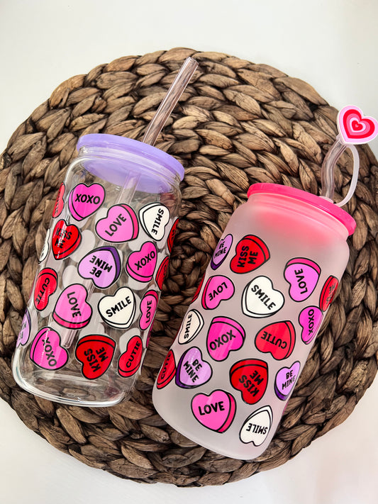 Candy Heart 16oz Glass Can Cup with Lid