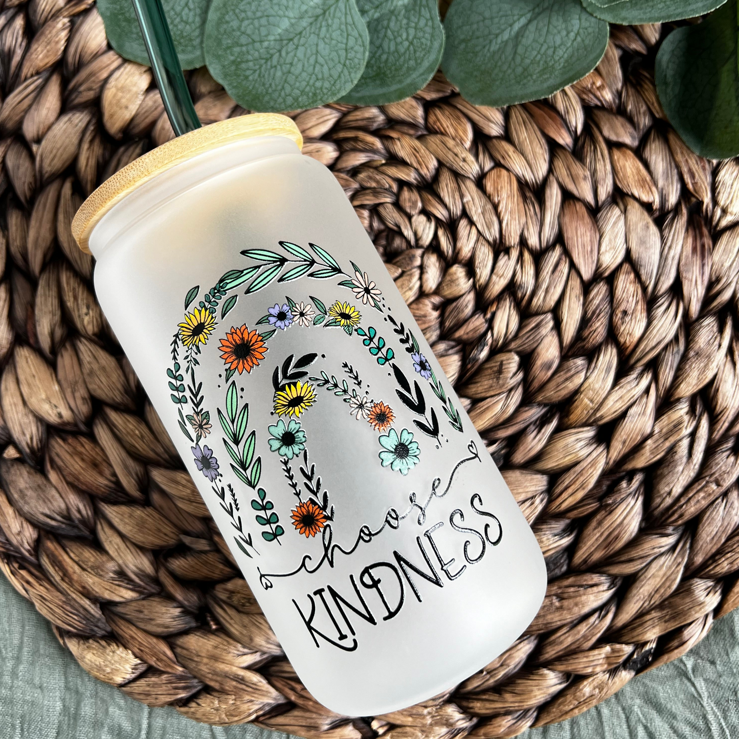 Kindness Wildflower 16oz Glass Can Cup with Bamboo Lid