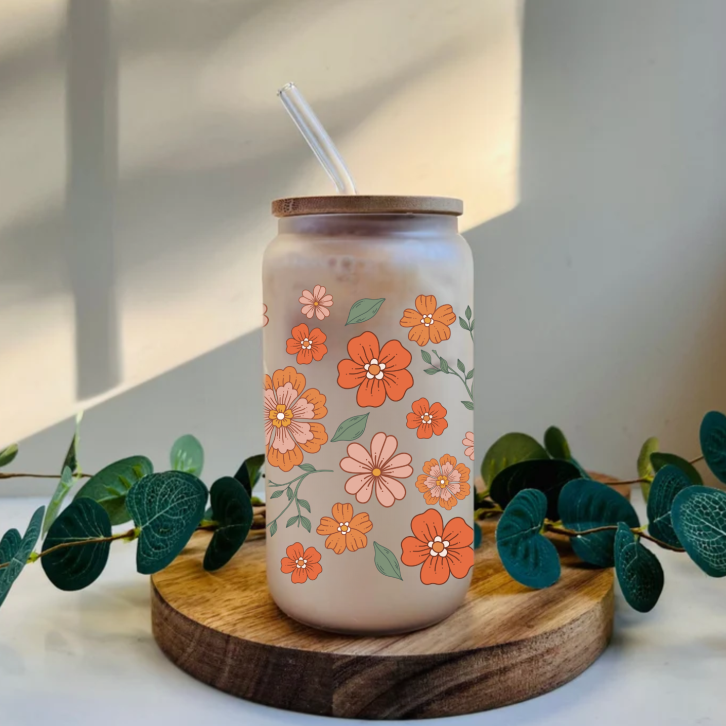 Wildflower 16oz Glass Can Cup with Bamboo Lid