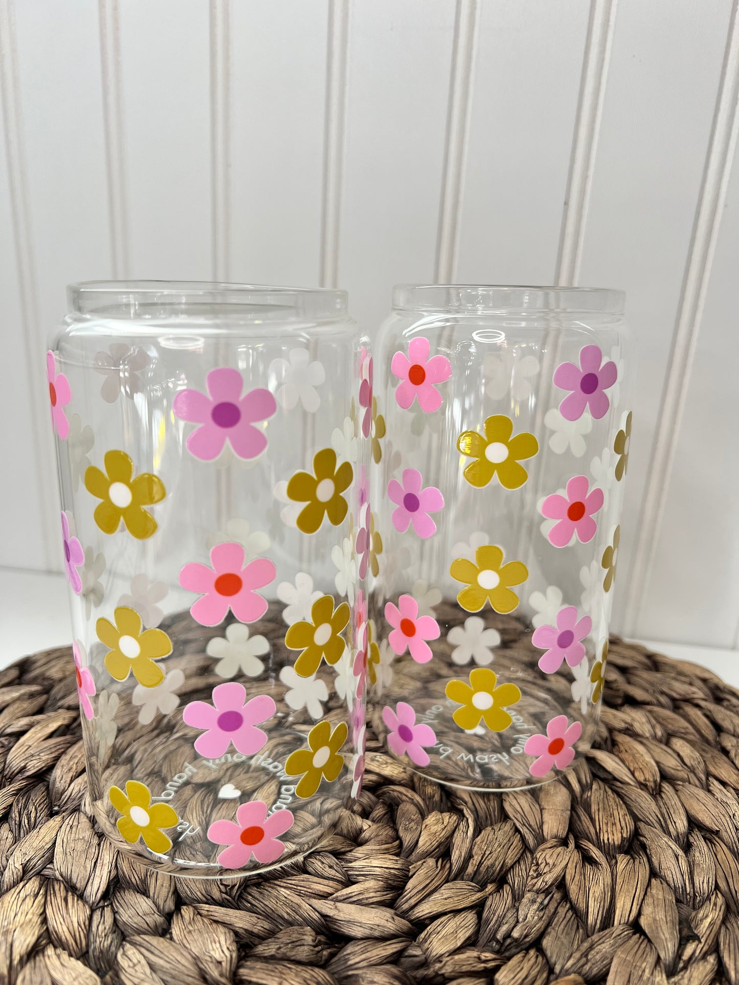 Retro Daisy 16oz Glass Can Cup with Bamboo Lid