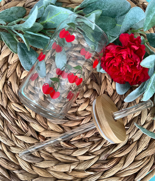 Cherry Heart 16oz Glass Can Cup with Bamboo Lid